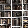 Tall Wooden Bookshelf Filled With Rows Of Classic Hardcover Books And Vintage Bindings