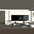 Modern Living Room Interior With White Curved Sofa Green Marble TV Wall And Area Rug