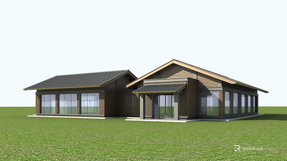 Rural Post Station with Modern Wooden Structure Large Windows and Dark Roof on Green Lawn 3d model 
