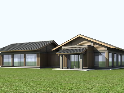 Rural Post Station with Modern Wooden Structure Large Windows and Dark Roof on Green Lawn 3d model