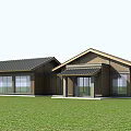Rural Post Station with Modern Wooden Structure Large Windows and Dark Roof on Green Lawn