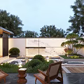 Modern Courtyard Garden Design With Pergola Stone Pathway Lush Greenery And Lantern Lights