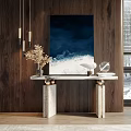 Elegant Console Table Design With Marble Top Artwork Pendant Lights And Wooden Wall