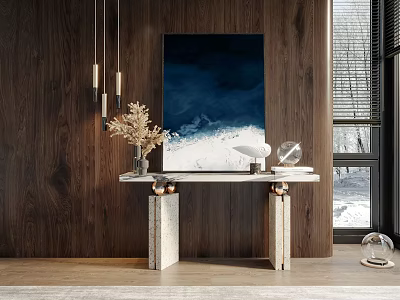 Elegant Console Table Design With Marble Top Artwork Pendant Lights And Wooden Wall 3d model