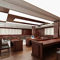 Courtroom Interior With Judge's Bench Wooden Panels And Arranged Seats