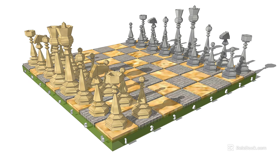 Elegant Chess Set With Golden And Gray Pieces On Checkerboard Design For Board Game Entertainment 3d model 