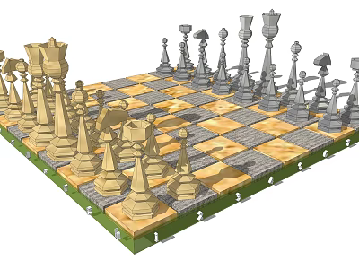 Elegant Chess Set With Golden And Gray Pieces On Checkerboard Design For Board Game Entertainment 3d model