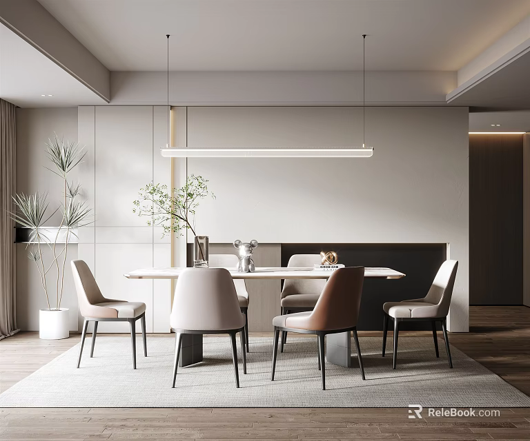 Modern Restaurant Interior With Dining Table Chairs Pendant Light And Plants 3d model