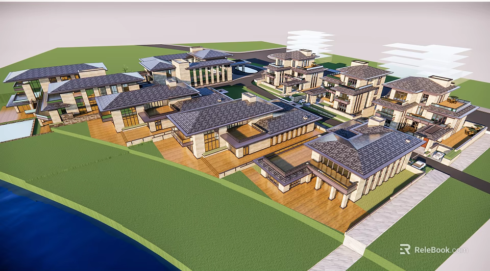 Luxury Detached Villa Community With Waterfront Green Lawn And Modern Architecture 3d model 