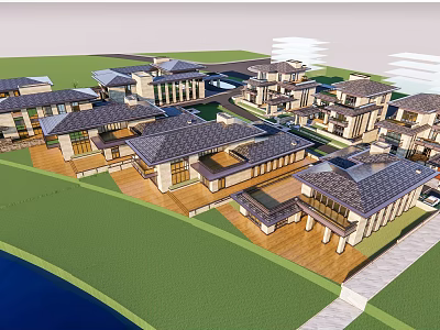 Luxury Detached Villa Community With Waterfront Green Lawn And Modern Architecture 3d model