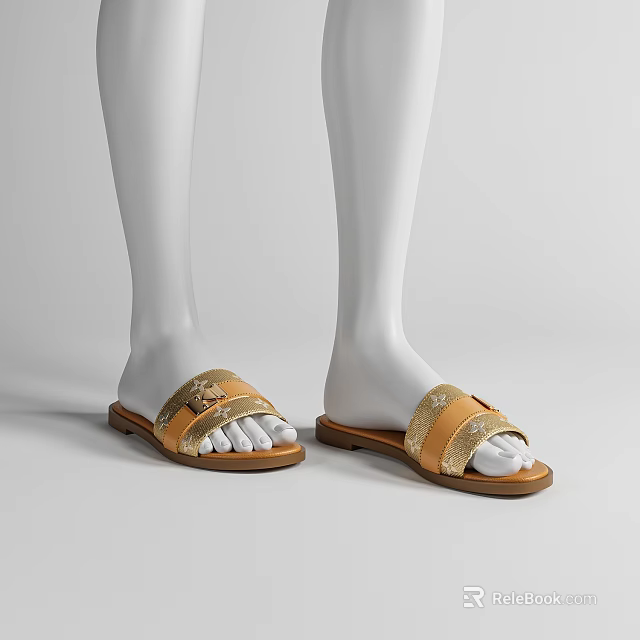 Women's Gold Decorative Strap Sandals with Brown Flat Sole and Open Toe Design 3d model 