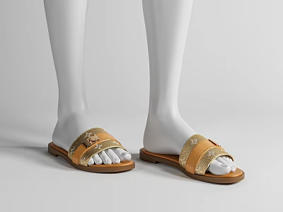 Women's Gold Decorative Strap Sandals with Brown Flat Sole and Open Toe Design 3d model