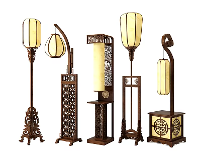 Traditional Chinese Style Wooden Floor Lamps with Intricate Carved Patterns and Fabric Shades 3d model