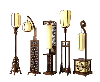 Traditional Chinese Style Wooden Floor Lamps with Intricate Carved Patterns and Fabric Shades 3d model