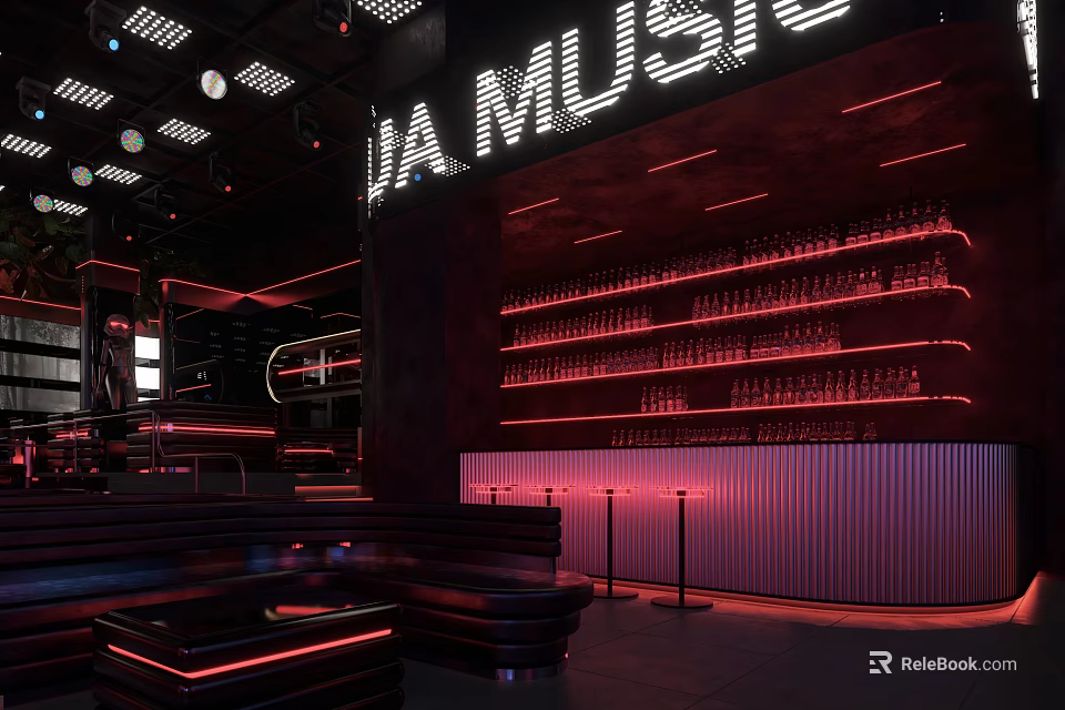 Bar with VA Music Neon Sign Shelves Filled with Bottles Dark Interior and Red Lighting 3d model 