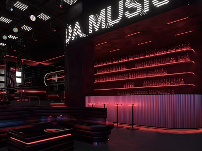 Bar with VA Music Neon Sign Shelves Filled with Bottles Dark Interior and Red Lighting 3d model