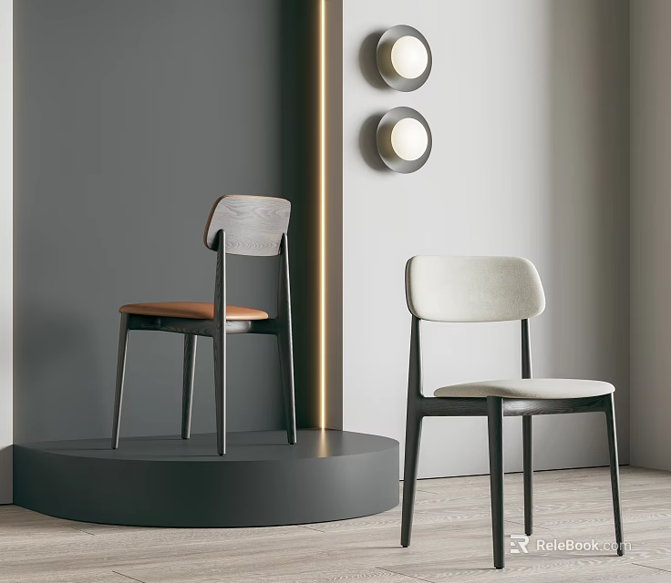 Two Modern Dining Chairs Featuring Wooden And Fabric Seats In Gray Wall With Round Lights 3d model 