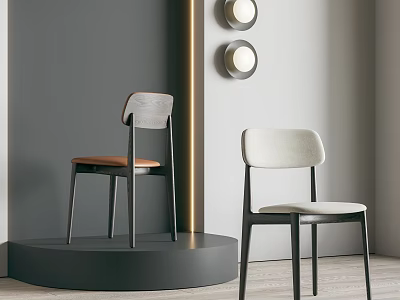 Two Modern Dining Chairs Featuring Wooden And Fabric Seats In Gray Wall With Round Lights 3d model