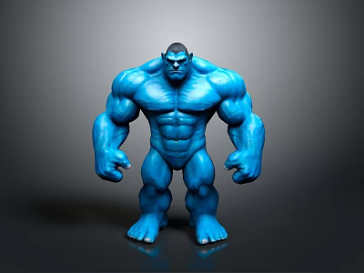 Blue Muscular Humanoid Figure Standing Pose Against Gray Gradient Background With Black Reflective Floor 3d model