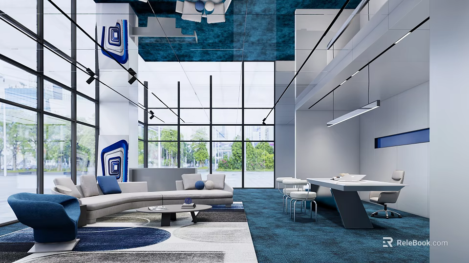 Modern Office Open Layout Featuring Floor-to-Ceiling Windows Blue Elements Sofa Meeting Table And Geometric Decor 3d model 