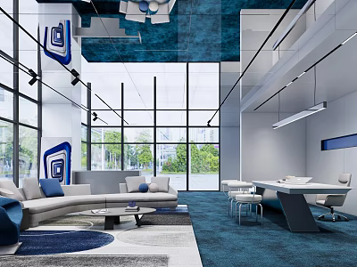 Modern Office Open Layout Featuring Floor-to-Ceiling Windows Blue Elements Sofa Meeting Table And Geometric Decor 3d model