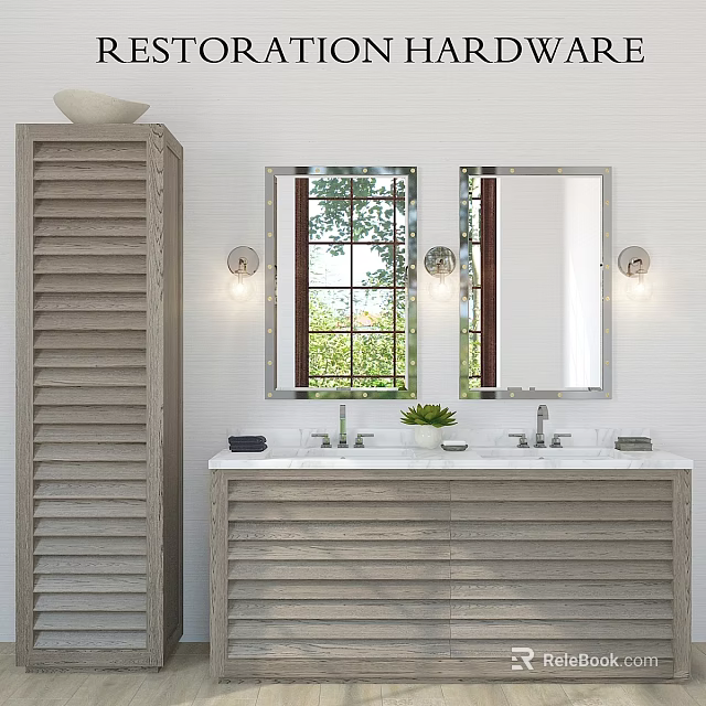 Wooden Bathroom Vanity With Double Mirrors Wall Sconces And Green Plant 3d model 