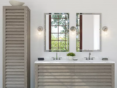 Wooden Bathroom Vanity With Double Mirrors Wall Sconces And Green Plant 3d model
