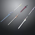 Decorative Swords Display With Colored Blades And Ornate Hilt Details