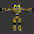 Yellow And Silver Game Movie Robot Character With Glowing Blue Green Lights And Mechanical Arms