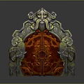 Ornate Mythical Gate With Intricate Carvings Gold Accents And Red Panels