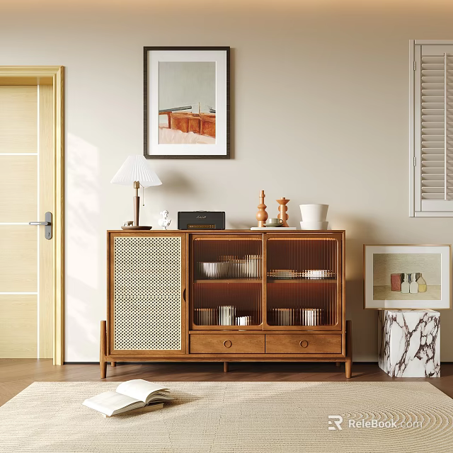 Wooden Sideboard With Woven Rattan Doors Dishes On Shelves And Table Lamp Decor 3d model 