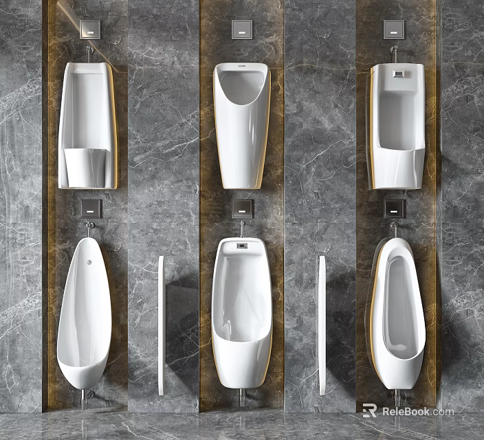 Modern White Ceramic Urinals Arranged In Rows On Grey Marble Bathroom Wall 3d model 