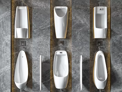Modern White Ceramic Urinals Arranged In Rows On Grey Marble Bathroom Wall 3d model