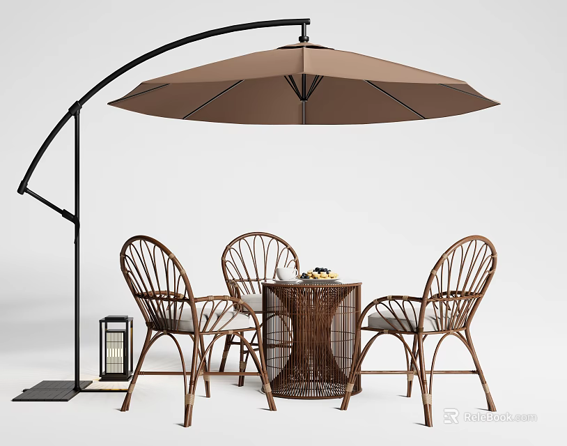 Outdoor Rattan Table And Chairs Set With Brown Cantilever Umbrella And Lantern 3d model 