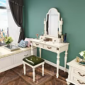 White Dressing Table With Mirror Green Stool Decorative Items By Green Wall Window City View 3d model