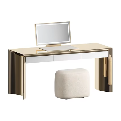 Modern Dressing Table With Gold Frame Glass Top Mirror White Drawers And Upholstered Stool 3d model