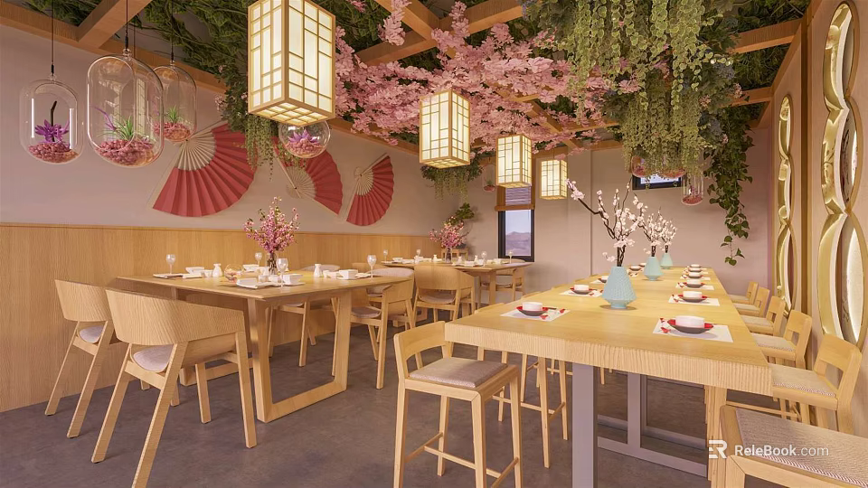 Japanese Style Restaurant Interior With Wooden Tables Cherry Blossom Decor Hanging Lanterns And Green Plants 3d model 