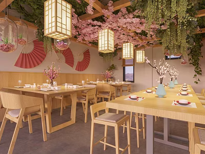 Japanese Style Restaurant Interior With Wooden Tables Cherry Blossom Decor Hanging Lanterns And Green Plants 3d model