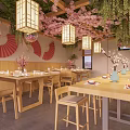 Japanese Style Restaurant Interior With Wooden Tables Cherry Blossom Decor Hanging Lanterns And Green Plants