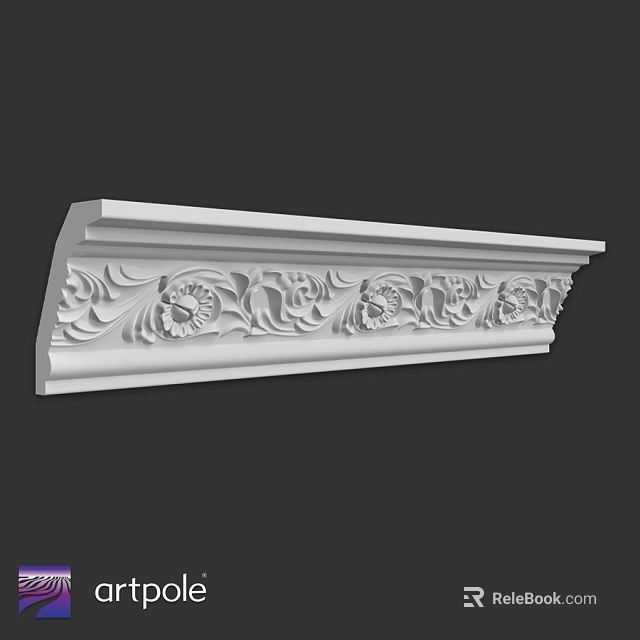 White Decorative Architectural Component with Intricate Carved Floral Motifs and Curved Scrolls 3d model 