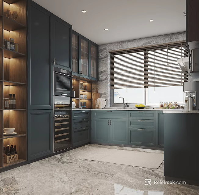 Modern Kitchen With Dark Blue Cabinets Window Blinds Oven Countertop And Lighting 3d model 