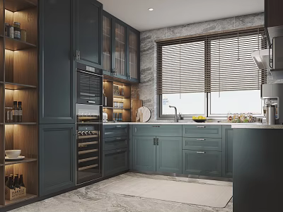 Modern Kitchen With Dark Blue Cabinets Window Blinds Oven Countertop And Lighting 3d model