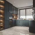 Modern Kitchen With Dark Blue Cabinets Window Blinds Oven Countertop And Lighting