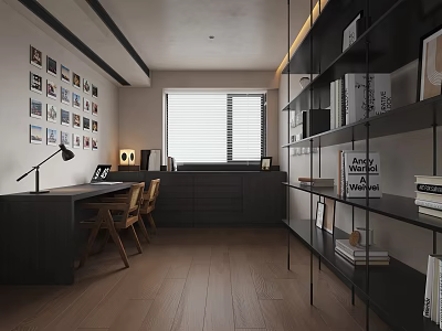 Modern Study Room With Dark Desk Bookshelves And 3d model
