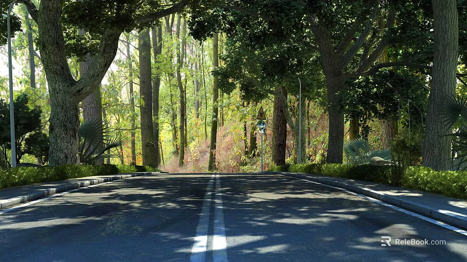 A Scenic Road Through Lush Green Forest With Tall Trees 3d model 