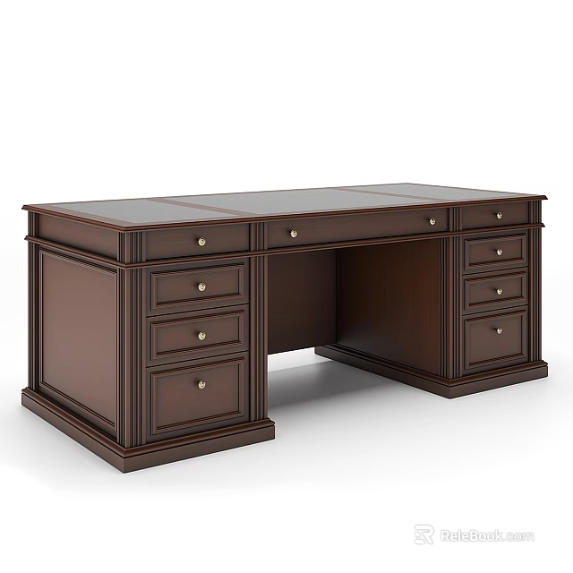 Dark Brown Wooden Desk With Multiple Drawers And Traditional Classic Design 3d model 