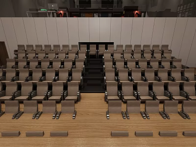 Brown Public Chairs Neatly Arranged In Auditorium With Wooden Floor White Walls And Steps 3d model