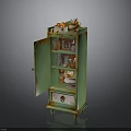 Vintage Green Cabinet With Open Door Shelves Bottles Jars And Bowls