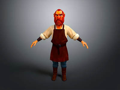 3D Man Character with Red Beard Apron White Shirt Blue Pants and Brown Boots 3d model