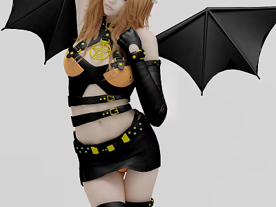 Woman In Black And Yellow Cosplay Costume With Bat Wings And Metallic Details 3d model